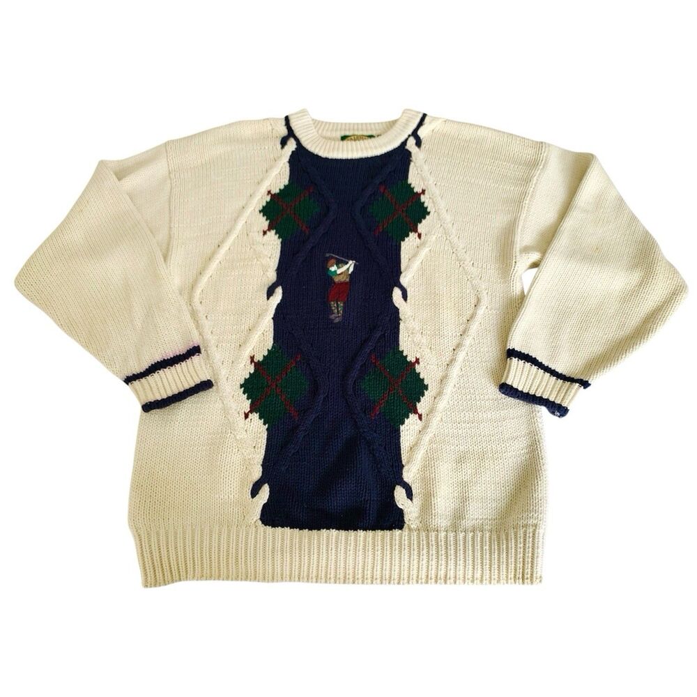 VTG Fairway Sport Golf Sweater XL Chunky Knit 3D Argyle Cream Navy Golfer Preppy